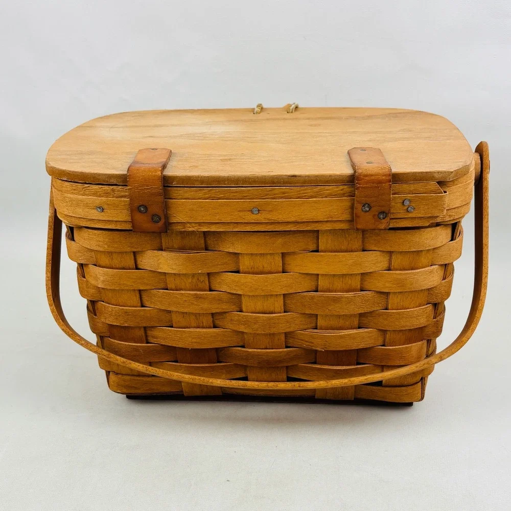 Vintage Longaberger Small Wood Picnic Basket Moving‎ Handle Brown Handwoven 1991